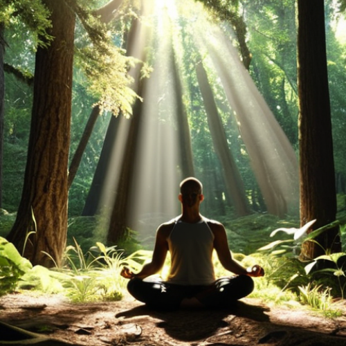 Home 4 A serene forest scene with a person meditating, sunlight filtering through the trees, emphasizing inner peace and focus.