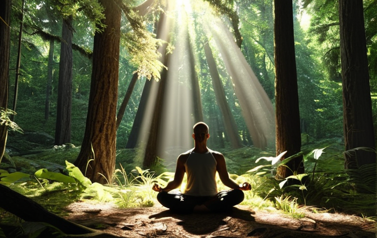 A serene forest scene with a person meditating, sunlight filtering through the trees, emphasizing inner peace and focus.